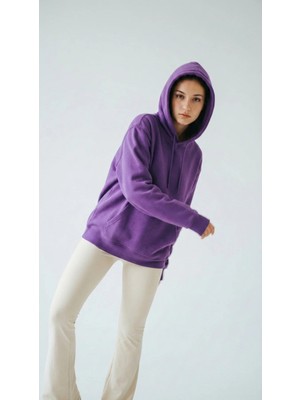 Unisex Rahat Kesim Pamuklu Yumuşak Dokulu Içi Polarlı Basic Desenli Kapüşonlu Sweatshirt Mor / L