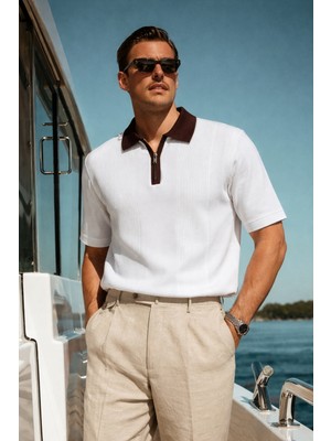 Damga Erkek Çizgili Premium Comfort Beyaz Polo Yaka Tişört