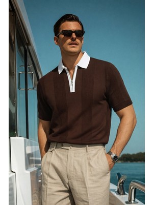 Damga Erkek Çizgili Premium Comfort Kahve Polo Yaka Tişört