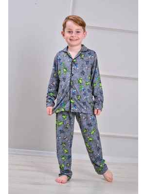 Pijakids - Serenad Pjkö Minec Desenli Füme Uzun Kollu Önden Düğmeli Erkek Çocuk Pijama Takımı 4-12 Yaş 519U