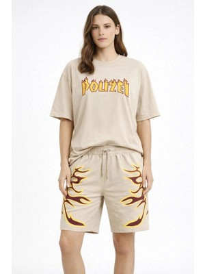 Glam Love Kadın Bej Oversize Baskılı Tişört Şort Takım Cepli Şort Yazlık Rahat Günlük Kombin - Bej