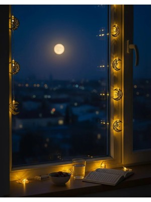 Najmaddin Minareli Hilal LED Işık Gold Metal Gövdeli Pilli Ramazan Dekoru