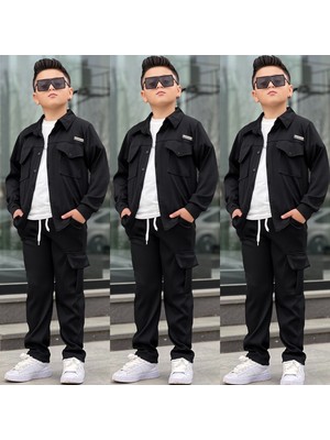 Burçak Butik Bayramlık Erkek Çocuk 3'lü Takım Fitilli Gömlek Tişört Kargo Pantolon Şık Kombin