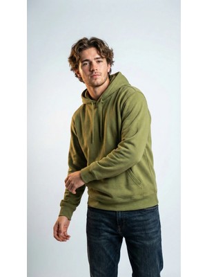 Unisex Rahat Kesim Pamuklu Yumuşak Dokulu Içi Polarlı Basic Desenli Kapüşonlu Sweatshirt Yeşil / Xl