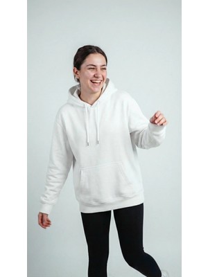 Unisex Rahat Kesim Pamuklu Yumuşak Dokulu Içi Polarlı Basic Desenli Kapüşonlu Sweatshirt Beyaz / Xl