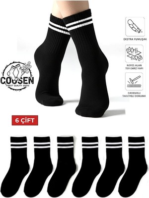 COUSEN 6 Çift Pamuklu Kolej Çorap | Çemberli | Siyah | Günlük | Comfort | Egzersiz  | Fitnes | Spor