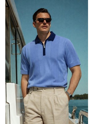 Damga Erkek Çizgili Premium Comfort Mavi Polo Yaka Tişört