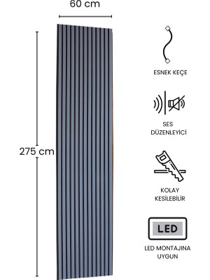 Dekoryap Antrasit Akustik Mdf Çıtalı Duvar Paneli 60CM x 275CM