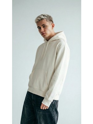 Unisex Rahat Kesim Pamuklu Yumuşak Dokulu Içi Polarlı Basic Desenli Kapüşonlu Sweatshirt Ekru / M