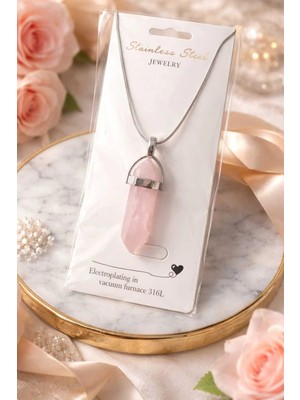 Banum Luxury Doğal Pembe Kuvars Taşlı Çelik Kolye