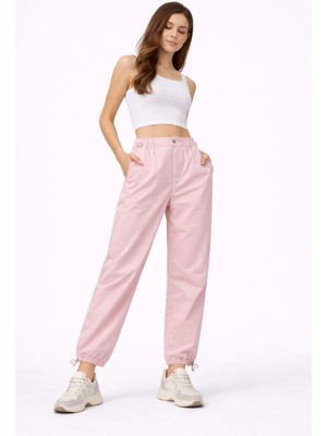 Glam Love Kadın Paraşüt Kumaş Pantolon Bel ve Paça Ayarlanabilir Lastikli Spor Pantolon - Toz Pembe