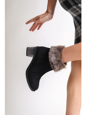 Pabucmarketi Siyah Süet Fermuarlı Tüylü Kadın Topuklu Bot