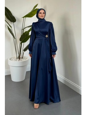 Merven Akyüz Crimson Rose Yandan Tokalı Saten Abiye Indigo