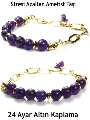Doğal Taş Takı Dünyası Orijinal Ametist Taşı Bileklik | 24 Ayar Altın Kaplama Gerçek Doğal Taş Takı