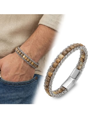 Fm 💎 Premium Odun Jasper Doğal Taşlı Hasır Örgü Zincirli Erkek Çelik Bileklik  31832B28D3 - 21 cm
