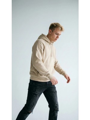 Unisex Rahat Kesim Pamuklu Yumuşak Dokulu Içi Polarlı Basic Desenli Kapüşonlu Sweatshirt Bej / 3xl