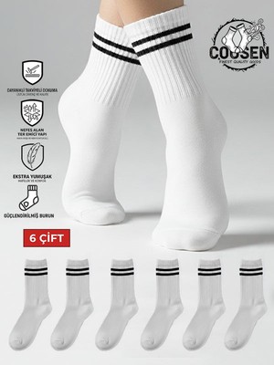 COUSEN 6 Çift Pamuklu Kolej Çorap | Çemberli | Beyaz | Günlük | Comfort | Egzersiz  | Fitnes | Spor