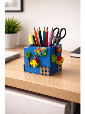 Anı Atölyesi Ahşap Çok Renkli Ev Temalı KALEMLIK/10X10X10 cm