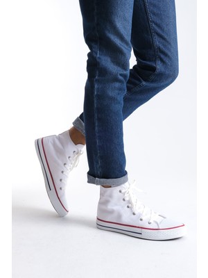 Pabucmarketi Beyaz Keten Bağcıklı Erkek Hi Sneaker