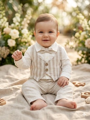 Efemkids 6/24 Ay 3 Lü Erkek Bebek Takım Papyonlu Keten Kumaş Yenidoğan Bebek Takım