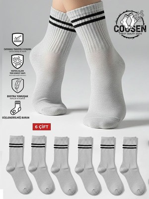 COUSEN 6 Çift Pamuklu Kolej Çorap | Çemberli | Gri | Günlük | Comfort | Egzersiz  | Fitnes | Spor
