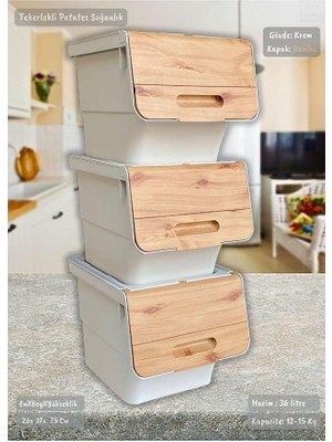 Home 3'lü Bambu Renk Tekerlekli Patateslik Soğanlık Oyuncak Kutusu Patates Soğan Sepeti Motek 12 Lt