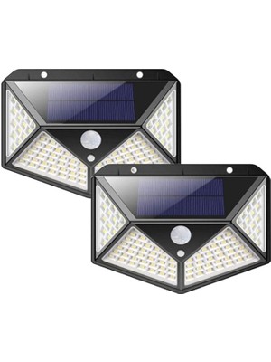Solar Lamba 100 LED Pır Hareket Sensörlü Dış Duvar Lambası IP65 Bahçe Teras - 2 Adet