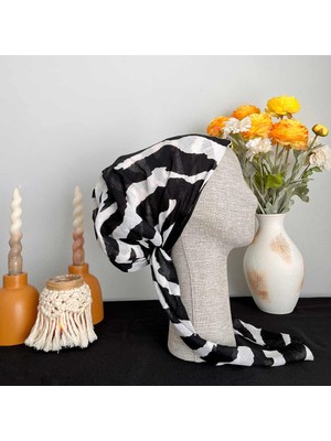 Anatölye Siyah Beyaz Zebra Desen Tülbent Eşarp Bone - Kaymaz Terletmez (Kaymayan)