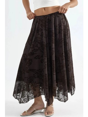 Hiccup Kadın Busem Desenli Asimetrik Maxi Etek Kahve Kahvesi