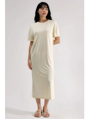 Hiccup Kadın Busem Rahat Kesim Yırtmaçlı Midi Elbise Limon Sarısı