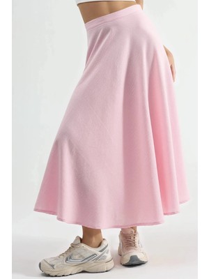 Hiccup Kadın Busem Yüksek Bel Dokulu A Kesim Maxi Etek Toz Pembe