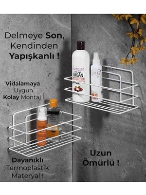 Haus Ömür Boyu Paslanmaz Yapışkanlı Banyo Düzenleyici Şampuanlık Duş Rafı 2 Adet Beyaz Tş-01