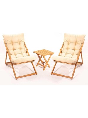 Flex 2'li Ahşap Puf Minderli Bahçe, Balkon, Teras ve Plaj Katlanır Şezlong Set Bistro