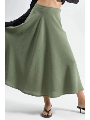 Hiccup Kadın Busem Yüksek Bel Dokulu A Kesim Maxi Etek Haki Yeşil