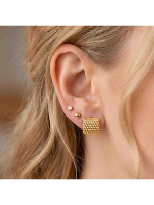 Bontexs Kadın 3'lü Set Kare Desenli ve Tektaşlı Kararmaz Çelik Küpe, Retro Kare Dokulu Çelik Küpe Seti - Antialerjik Altın Rengi Takı Seti Kararmaz Paslanmaz 316L