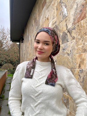 Anatölye Haki Yeşili Çiçek Desen Tülbent Eşarp Bone - Kaymaz Terletmez (Kaymayan)