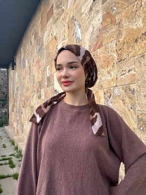 Anatölye Kahverengi Zebra Desen Tülbent Eşarp Bone - Kaymaz Terletmez (Kaymayan)