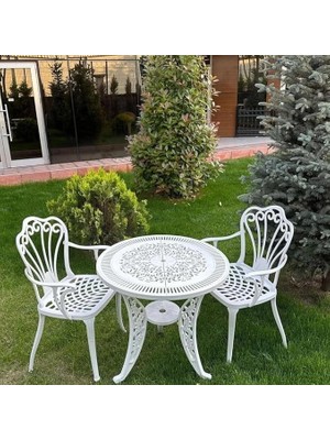 Ferforje Görünümlü Masa ve Sandalye, Bahçe, Balkon ve Dış Mekanda Kullanılabilir, 2 Yıl Garantili, 150 kg Taşıma Kapasiteli, Plastik Masa ve Sandalye Takımı (Beyaz, Standart)