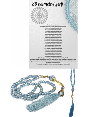 Namaz Tesbihi Vavlı 99 Lu Cam Incili 35 Besmele-I Şerif Dua Kartı Ile Mavi Renk Hediyelik