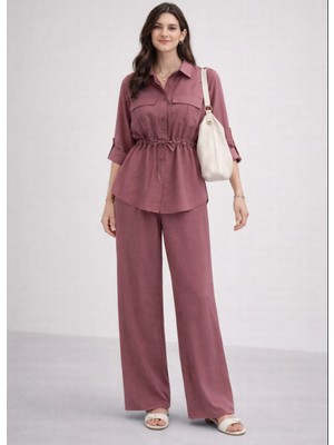 Dima Kadın Bağcık Detaylı Yumuşak Kumaş Gömlek Pantolon Takım