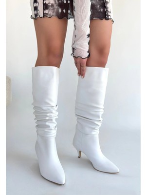 Erbilden Zelya Beyaz Cilt Topuklu Çizme