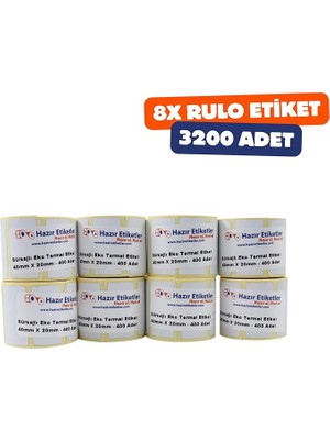 Termal Etiket(Sürsajlı) 40MM x 20MM Toplam 3200 Adet 8 Rulo, Ruloda 400 Lü Sarılmış 40MM Kuka Çapında Örtücü Kapatma Etiketi Taşınabilir Barkod Yazıcılar ile Uyumlu