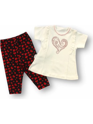 DMR Elegance 3-6 6-9 9-12 12-18 Ay Kalp Baskılı Uzun Kollu Sweatli 2li Kız Bebek Takımı Ekru