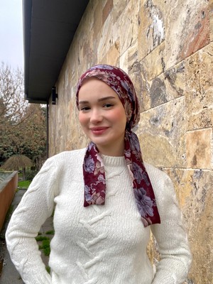 Anatölye Bordo Çiçek Desen Tülbent Eşarp Bone - Kaymaz Terletmez (Kaymayan)