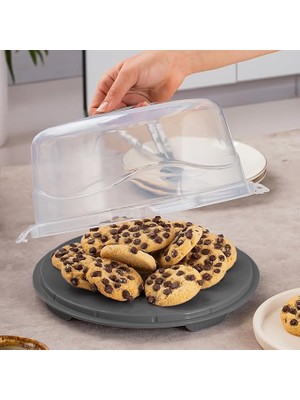 1091 Antrasit Yuvarlak Kek Pasta Börek Saklama Kabı - Kilitli Kapaklı Taşıma Fanusu 25 cm