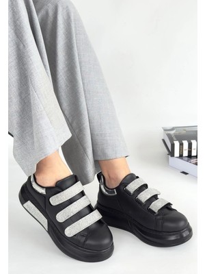 Erbilden Elika Siyah Cilt Simli Cırt Cırtlı Spor Ayakkabı