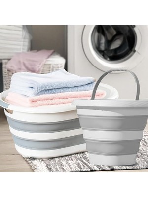 2li Katlanır Temizlik Seti - Katlanır Sepet 25LT - Katlanır Kova 10LT Beyaz - Gri