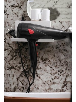 Beyaz Metal Yapışkanlı Saç Kurutma Askısı, Şık Tasarım ve Suya Dayanıklı Banyo Düzenleyici Organizer MT83B