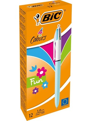 4 Colours Fun Tükenmez Kalem, 12'li Kutu, 1.0mm Uç, Tek Kalemde Pembe, Mor, Turkuaz ve Açık Yeşil Renkler