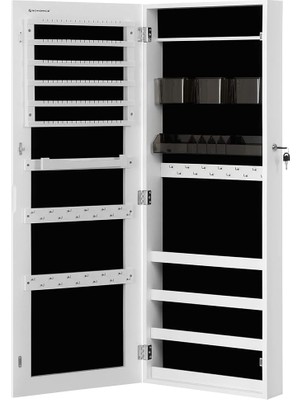 Asma Mücevher Dolabı, Asma Dolap, Kilitlenebilir Aynalı Dolap, Çerçevesiz Tam Boy Aynalı Duvar Dolabı ve 2 Ayrı Makyaj Malzemeleri Düzenleyicili, Kolyeler, Küpeler Için, Beyaz JJC001W01